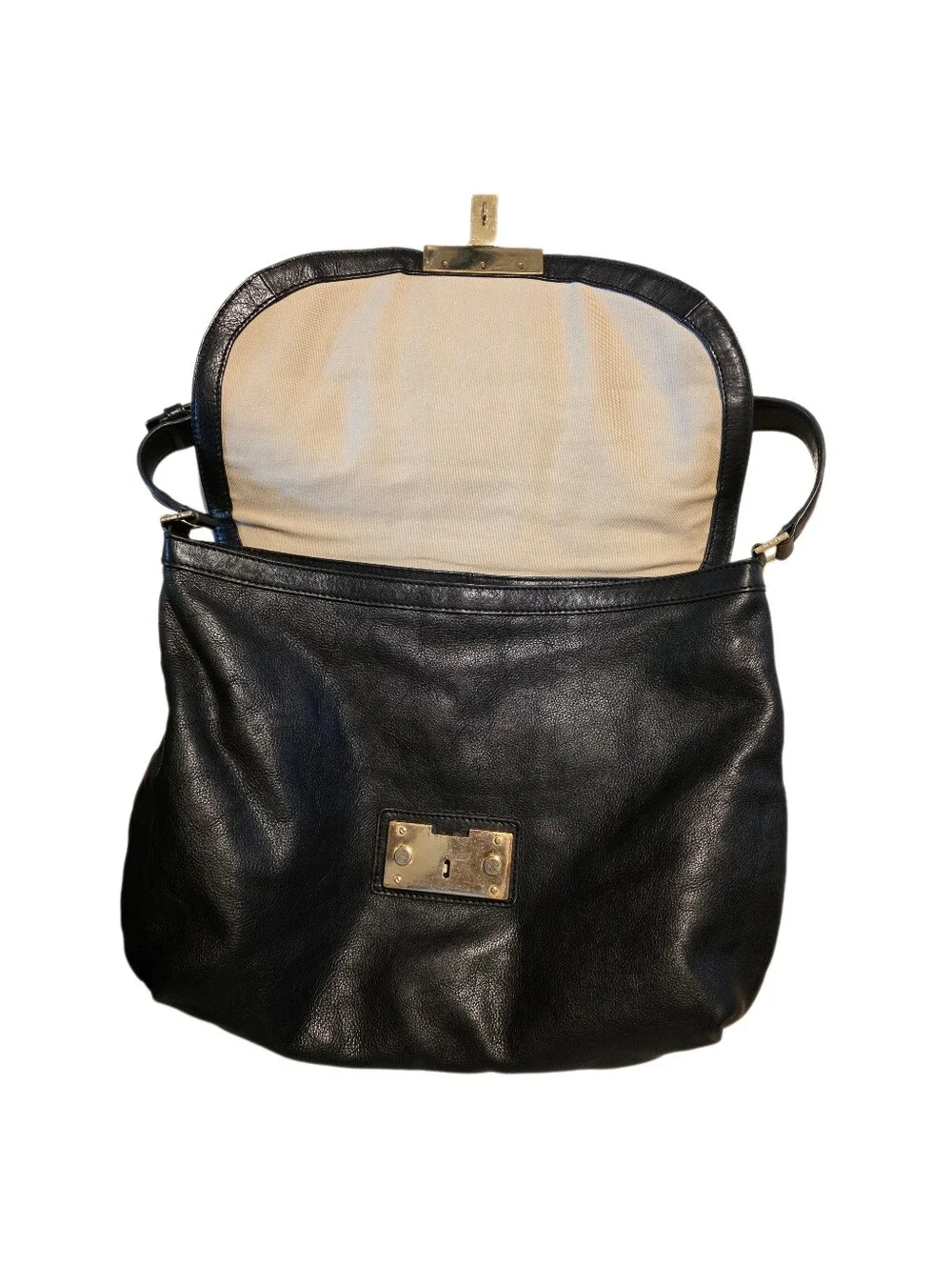 Tory Burch Black Leather Black Shoulder Bag Gold Logo Hobo Flap Purse
